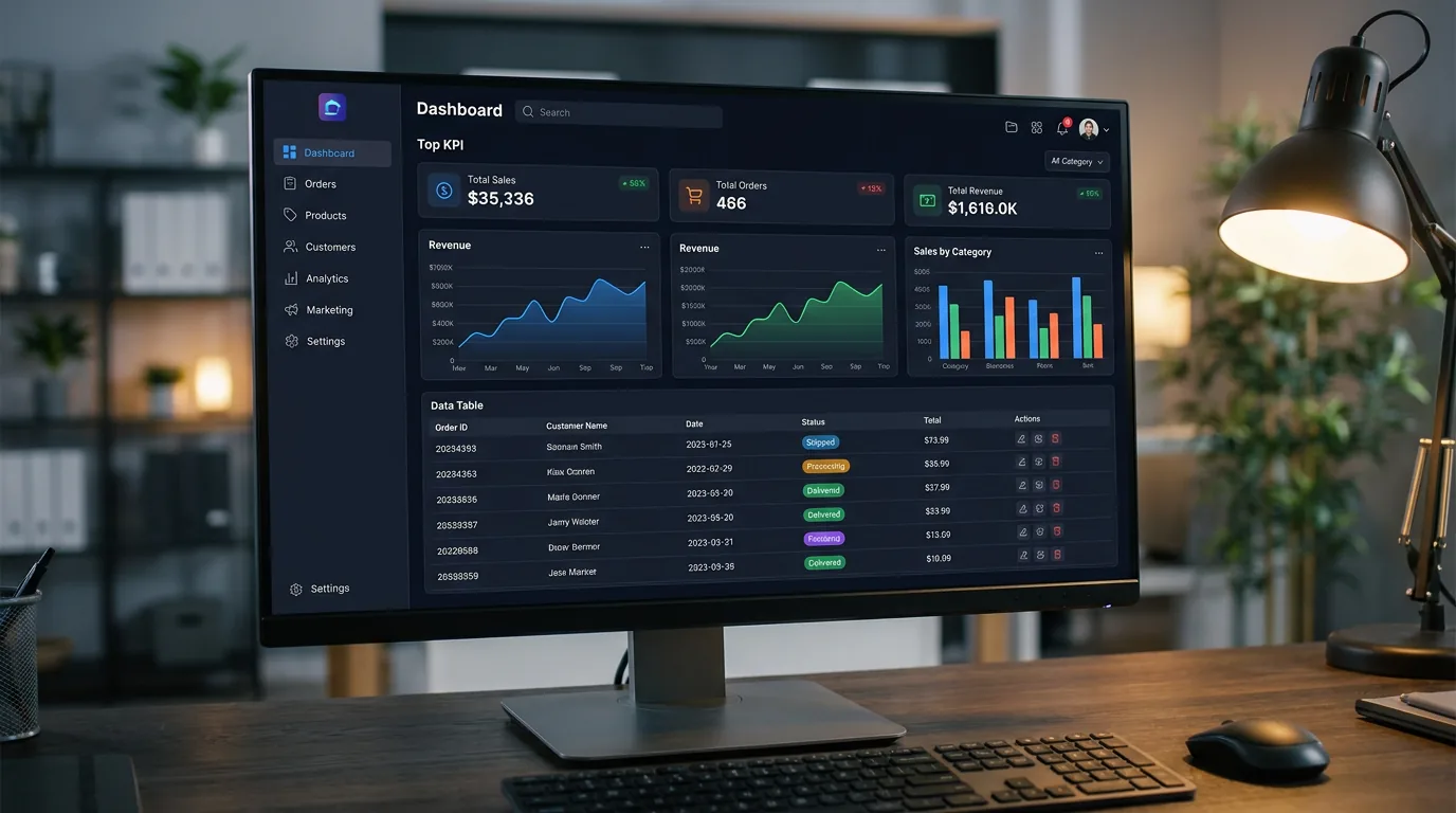 E-commerce admin dashboard with sales analytics and charts