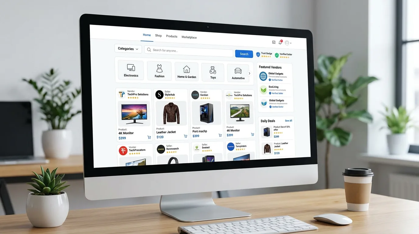 Multi-vendor marketplace homepage with vendor listings and categories