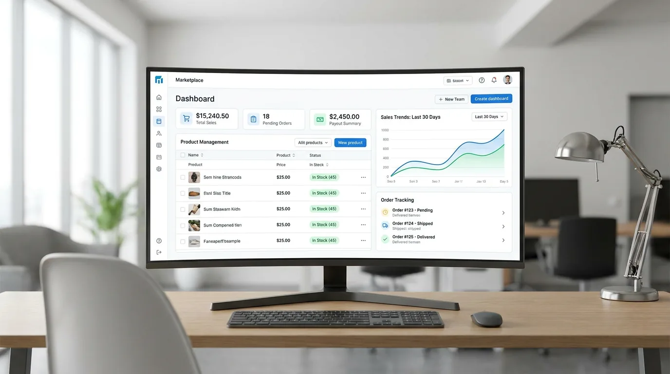 Marketplace vendor dashboard with analytics and order management