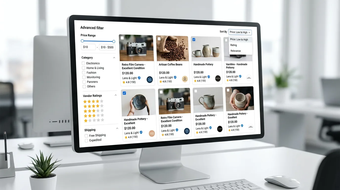 Marketplace product listing with filters and vendor badges