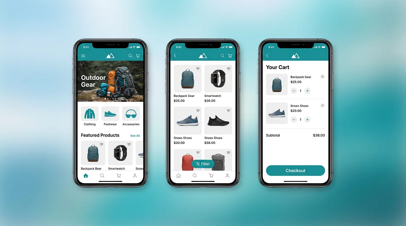 Mobile-responsive online store on three phone screens