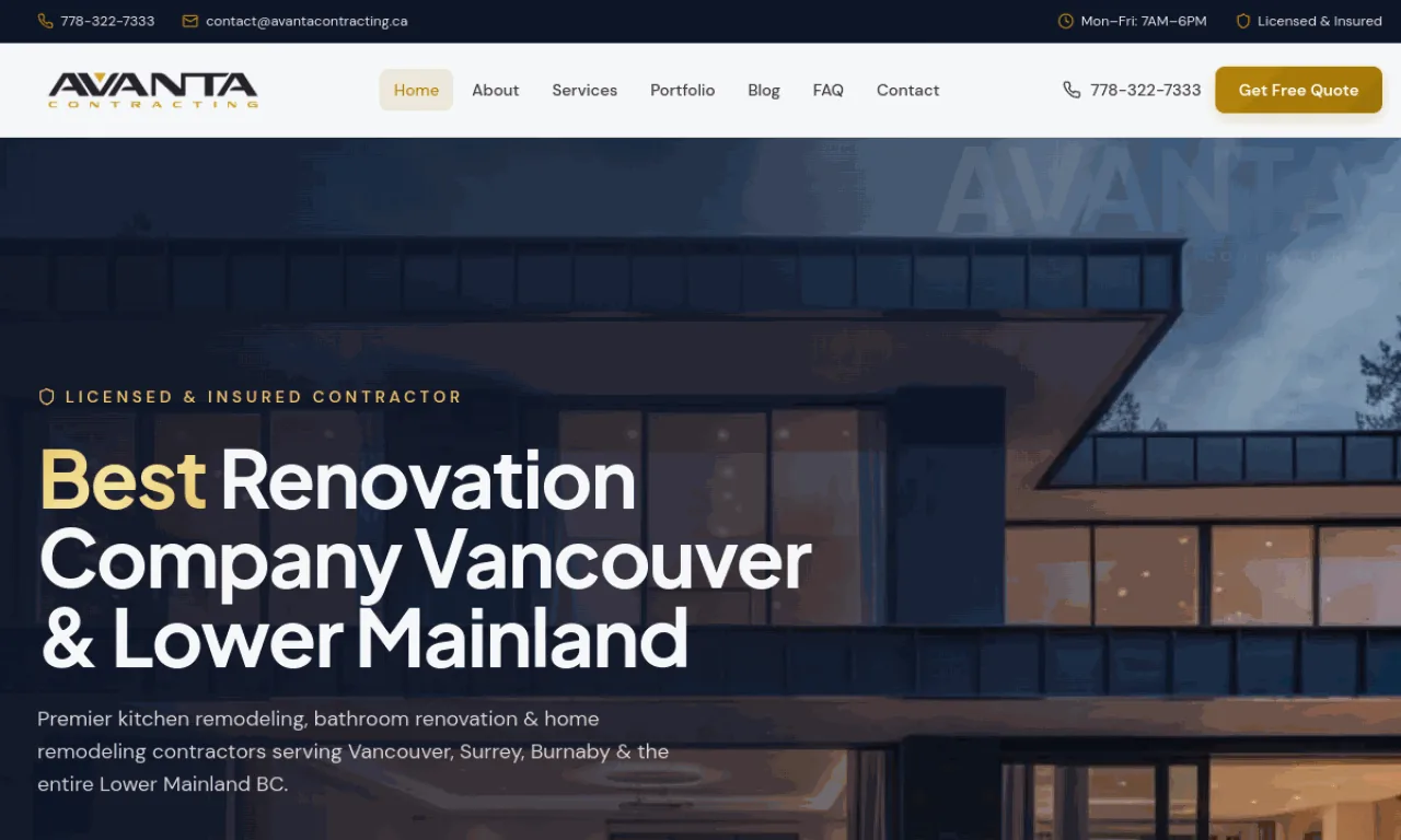 Avanta Contracting website built by SeonixAI