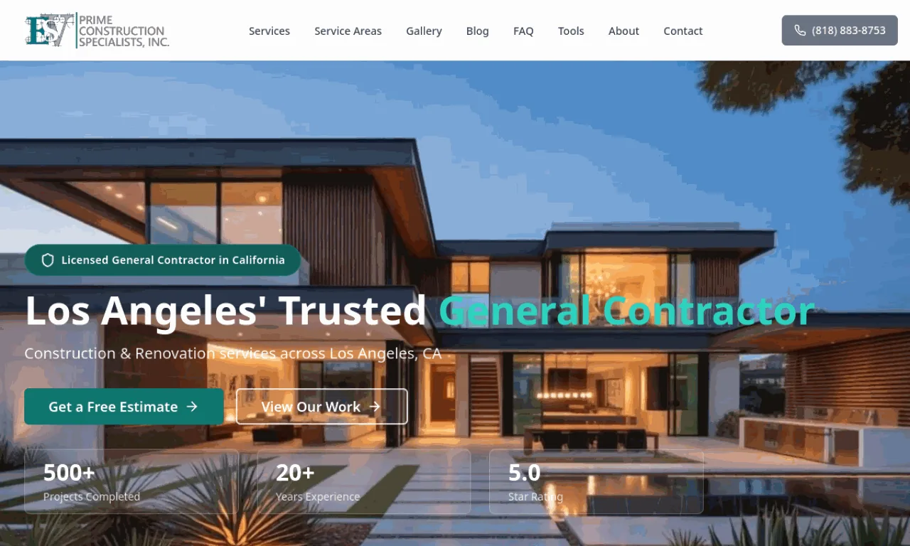 ESV Construction website built by SeonixAI