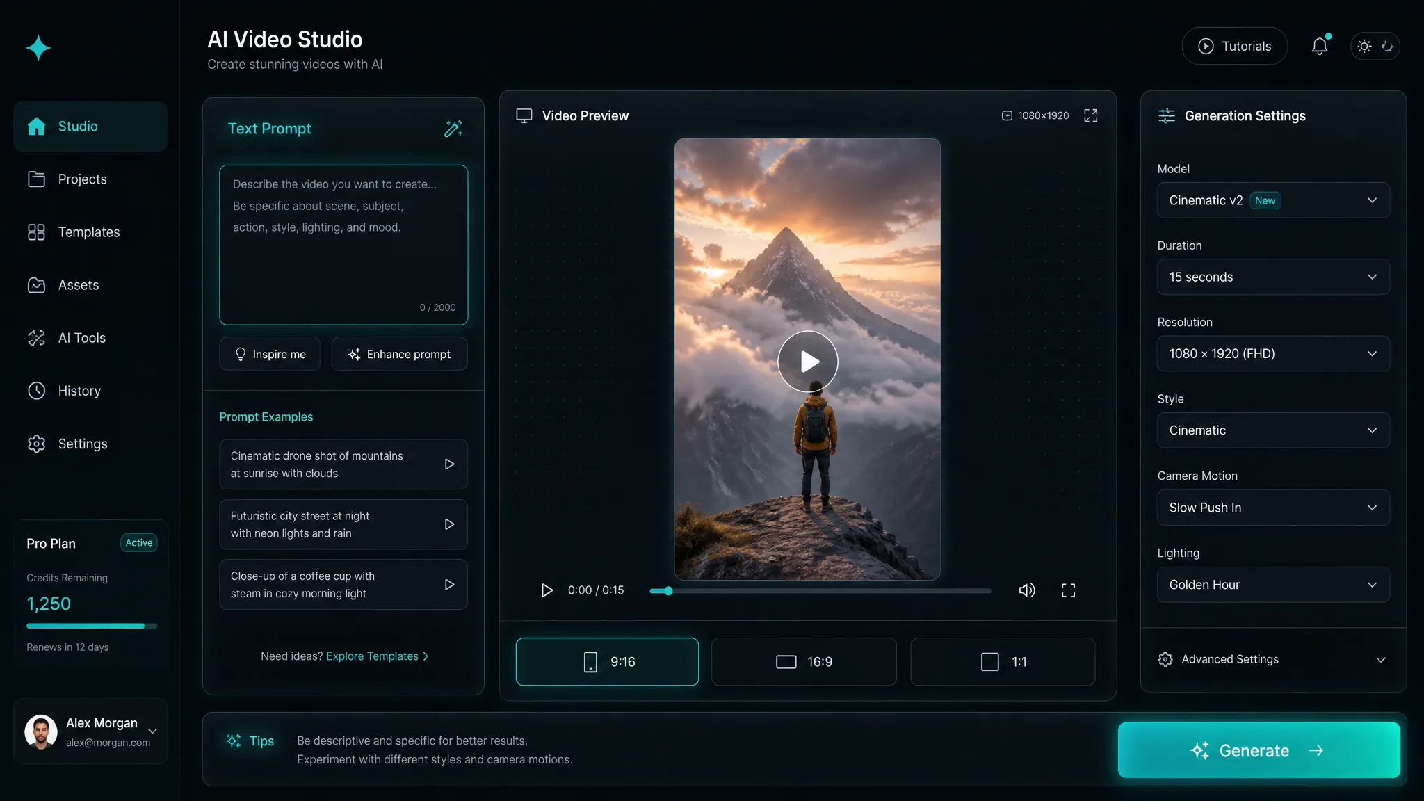snxgen — AI video-generation studio: prompt panel, video preview canvas and aspect-ratio controls